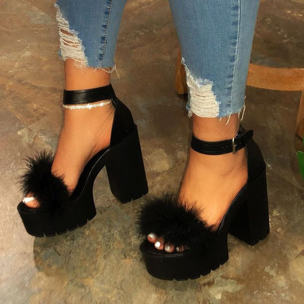 Chunky Heel Line-Style Buckle Open Toe Ankle Strap Feather Sandals