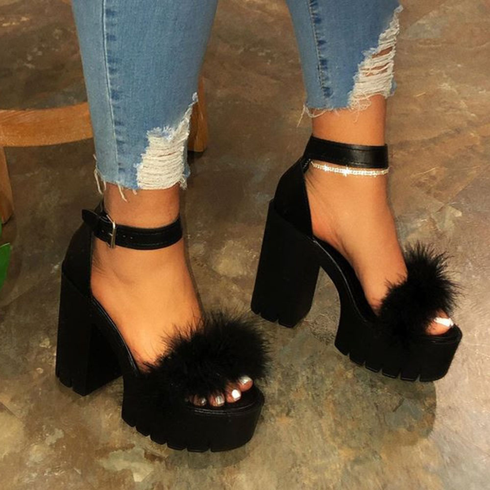 Chunky Heel Line-Style Buckle Open Toe Ankle Strap Feather Sandals
