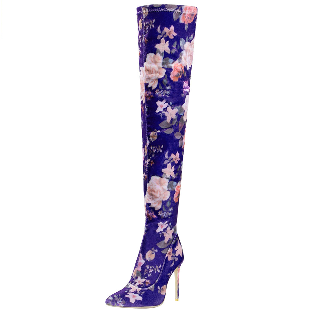 Pointed Toe Stiletto Heel Side Zipper Floral Vintage Boots