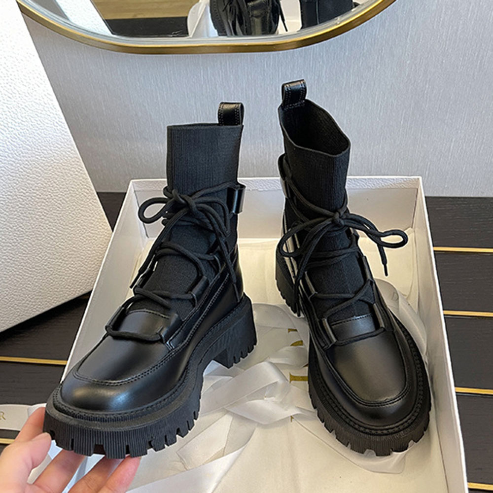 Slip-On Patchwork Round Toe Block Heel Korean Boots