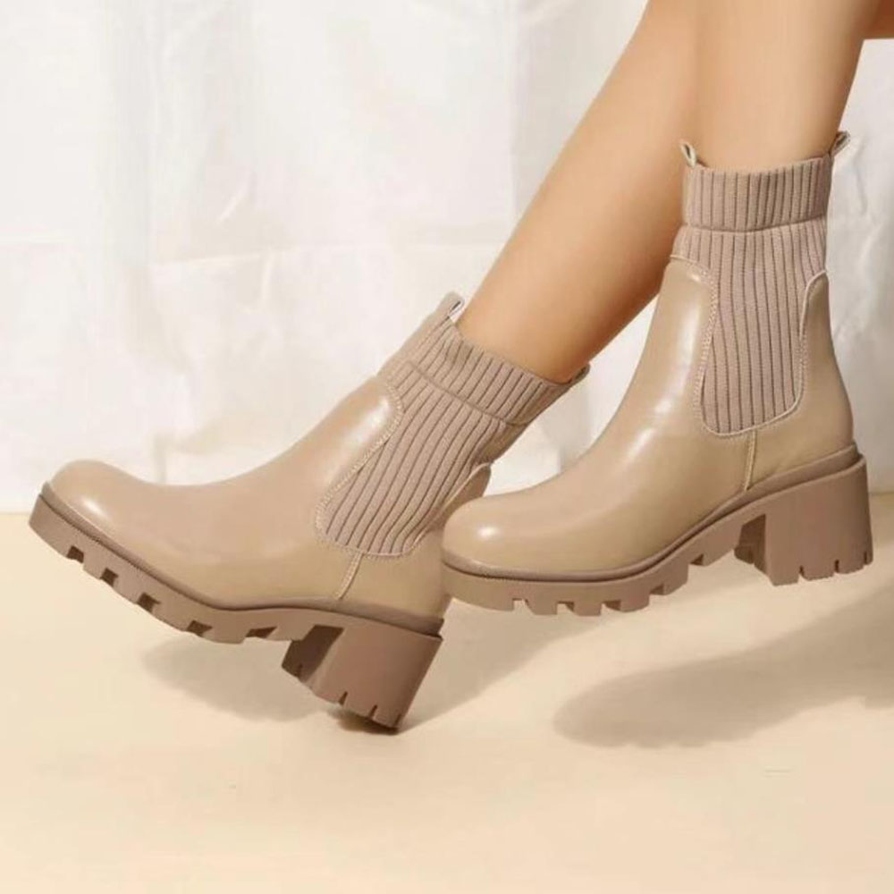 Slip-On Round Toe Plain Chunky Heel PU Boots