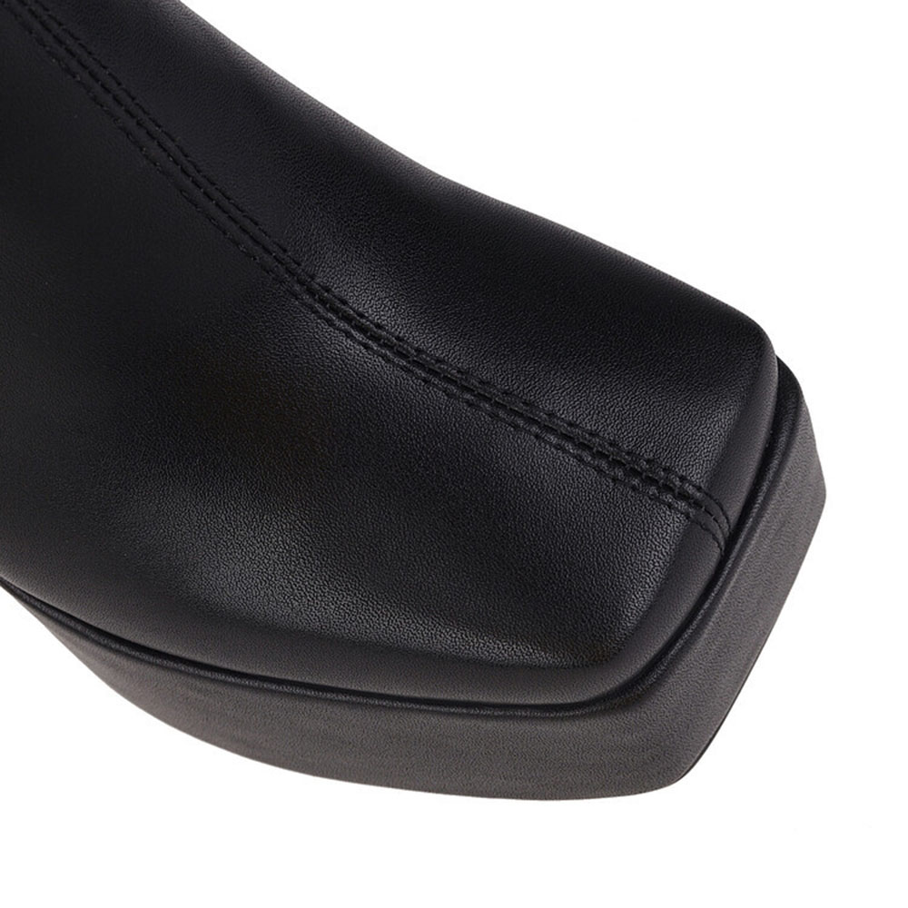 Side Zipper Square Toe Chunky Heel Plain Platform Boots