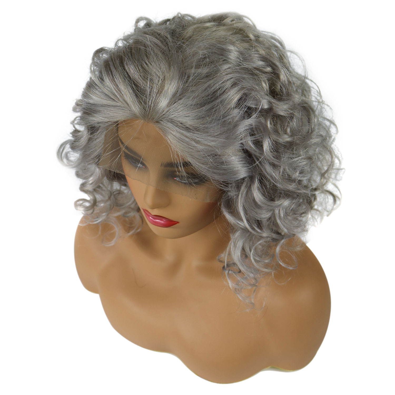 Salt And Pepper Hair Lace Front Cap Women Human Hair Curly 120% 14 Inches Wigs
