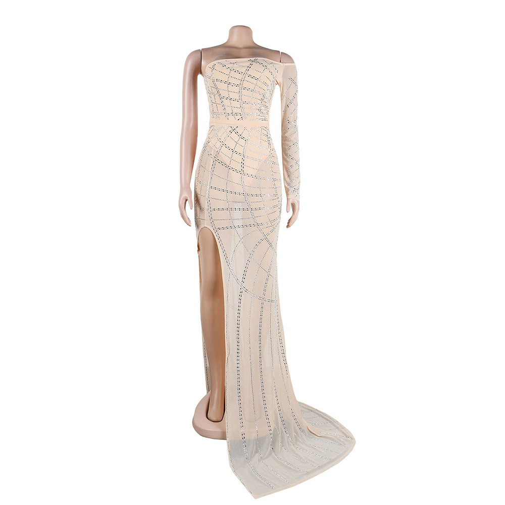 Floor-Length Oblique Collar Long Sleeve Rhinestone Western Women's Dress