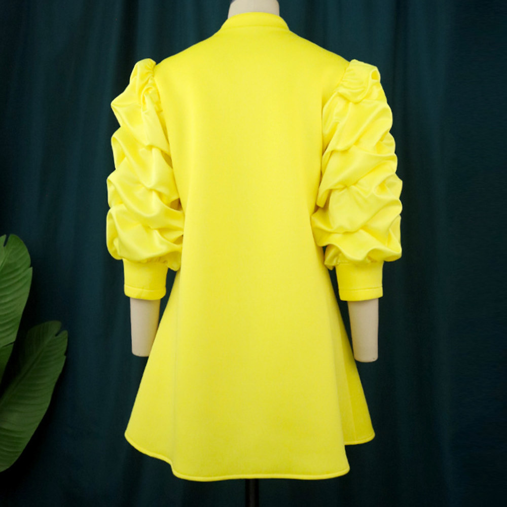Pleated Heap Sleeve Stand Collar Plain Mid-Length Women's Blouse