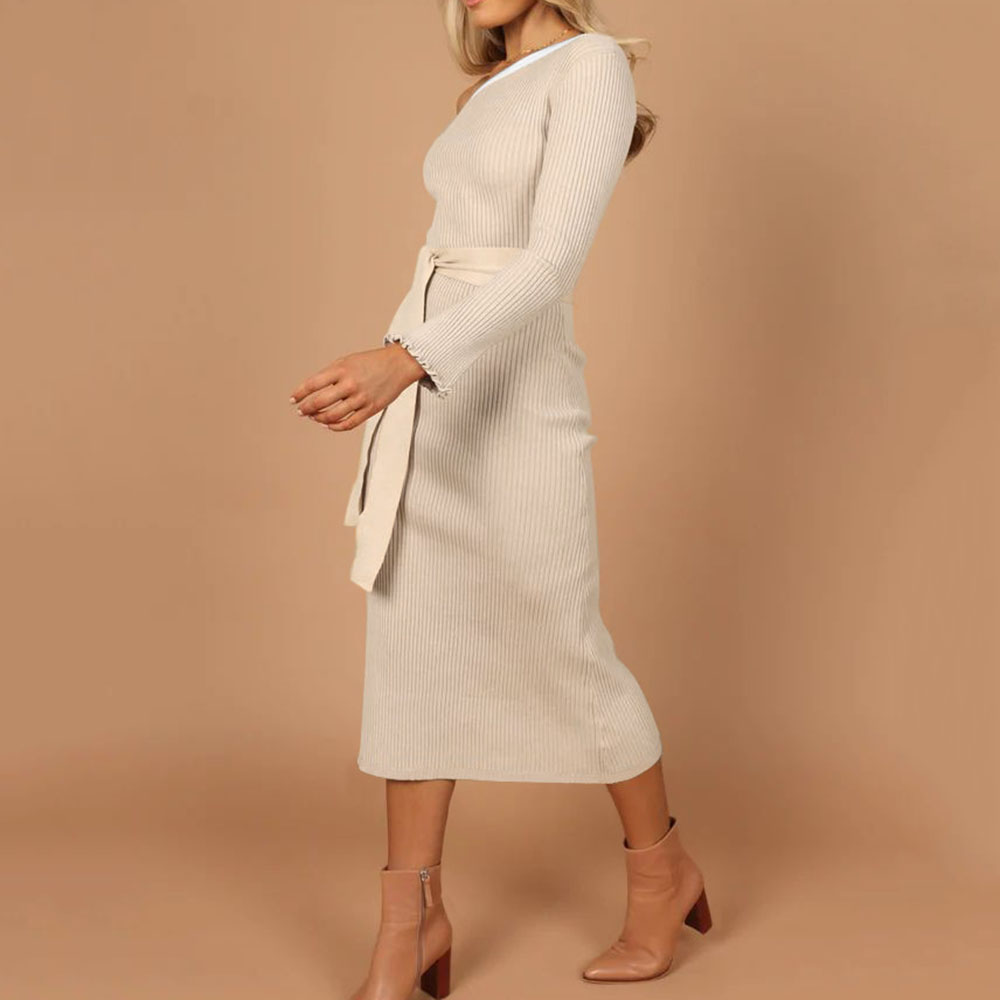 Long Sleeve Lace-Up Mid-Calf Oblique Collar Winter Women's Dress