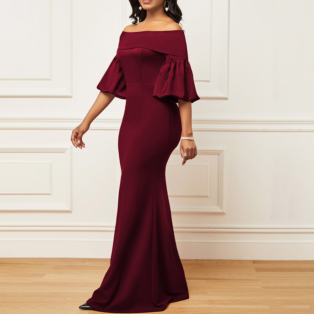 Off Shoulder Half Sleeve Floor-Length Mid Waist Women's Dress