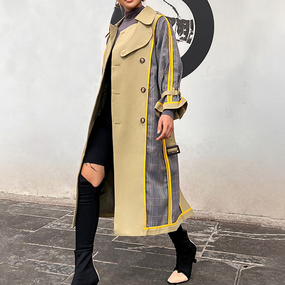 Double-Breasted Lapel Long Patchwork Slim Women's Trench Coat