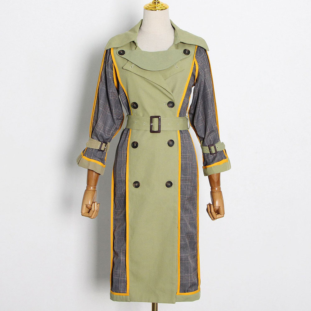 Double-Breasted Lapel Long Patchwork Slim Women's Trench Coat
