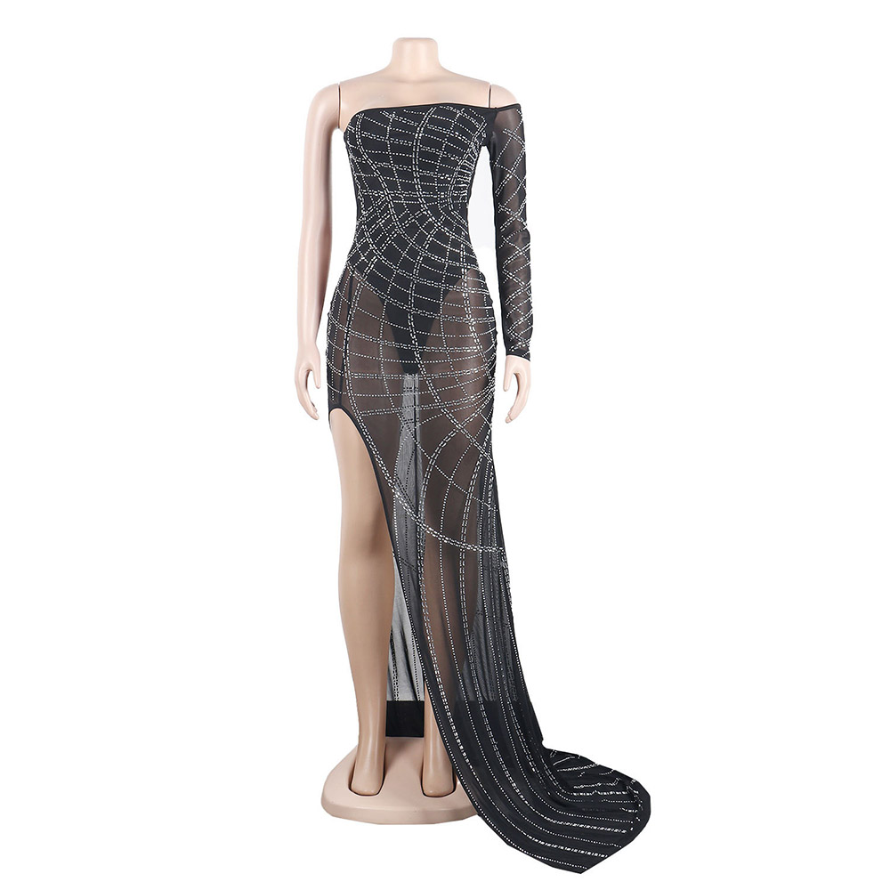 Floor-Length Oblique Collar Long Sleeve Rhinestone Western Women's Dress