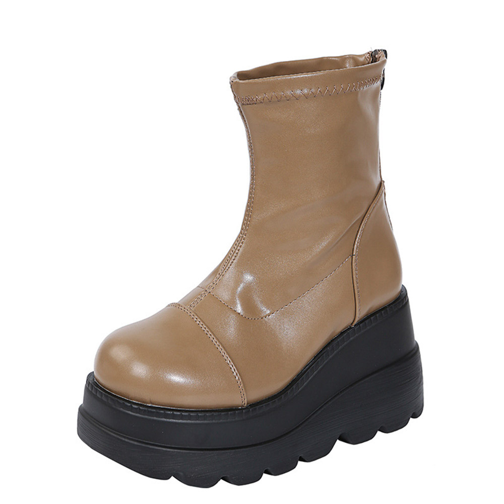 Wedge Heel Plain Back Zip Round Toe Platform Boots