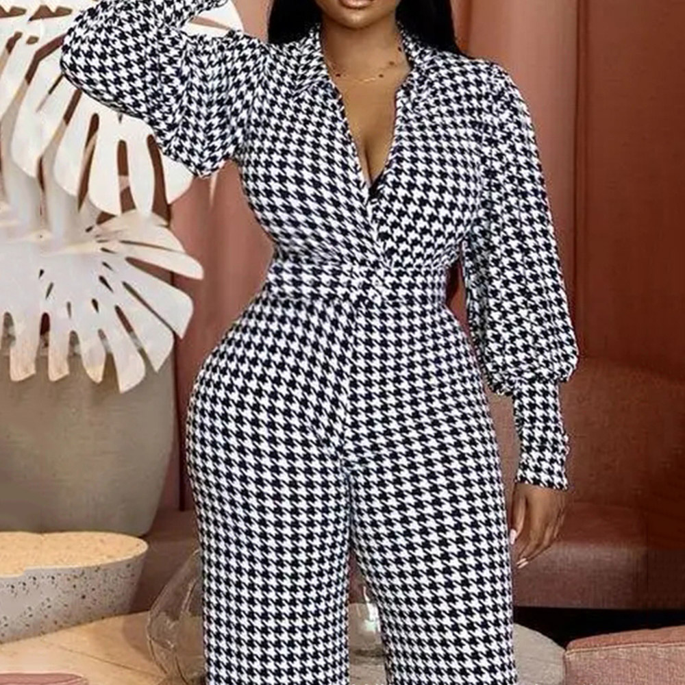 Full Length Office Lady Houndstooth High Waist Women's Jumpsuit
