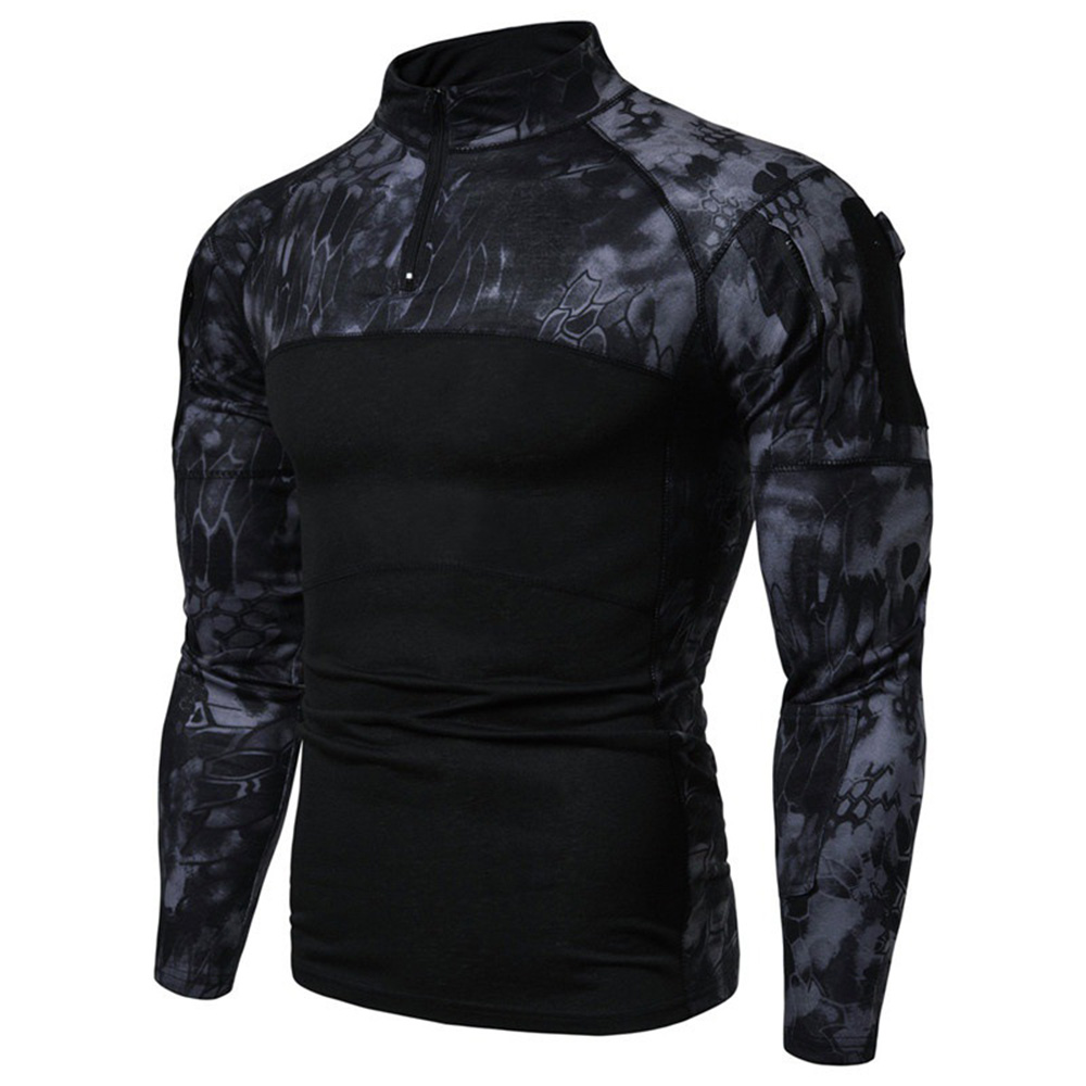 Patchwork Stand Collar Camouflage Casual Long Sleeve Men's T-shirt - Men's Tactical Clothing