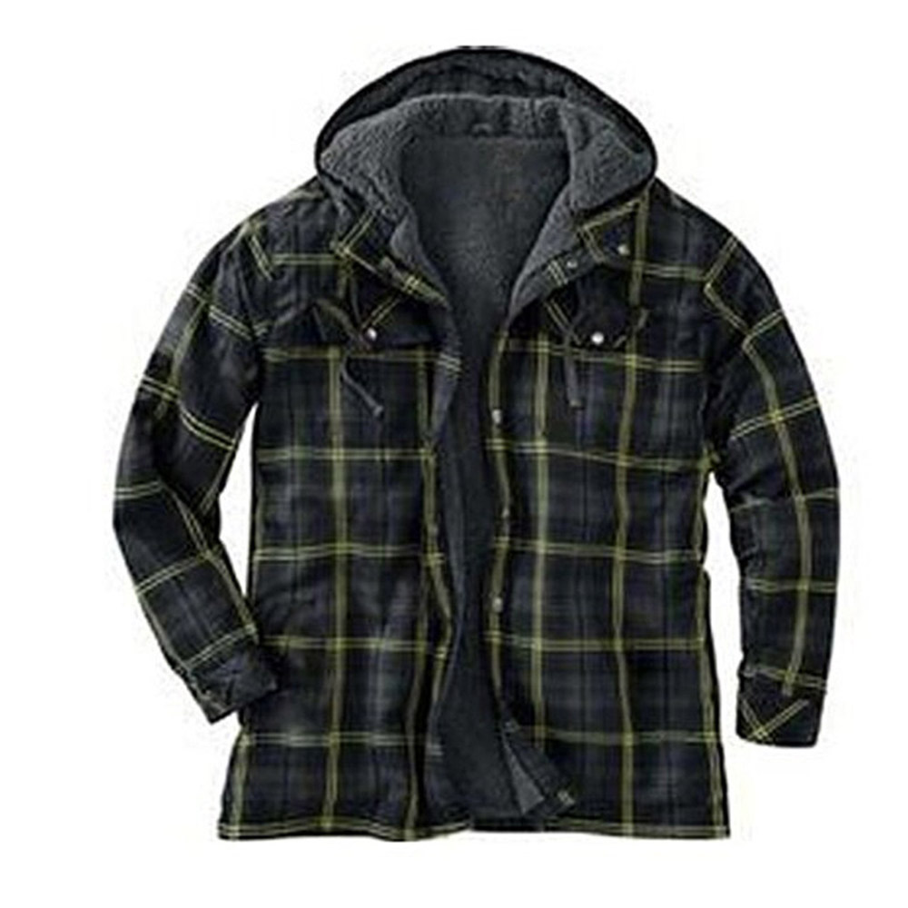 Fleece Hooded Plaid Pocket Casual Men's Jacket