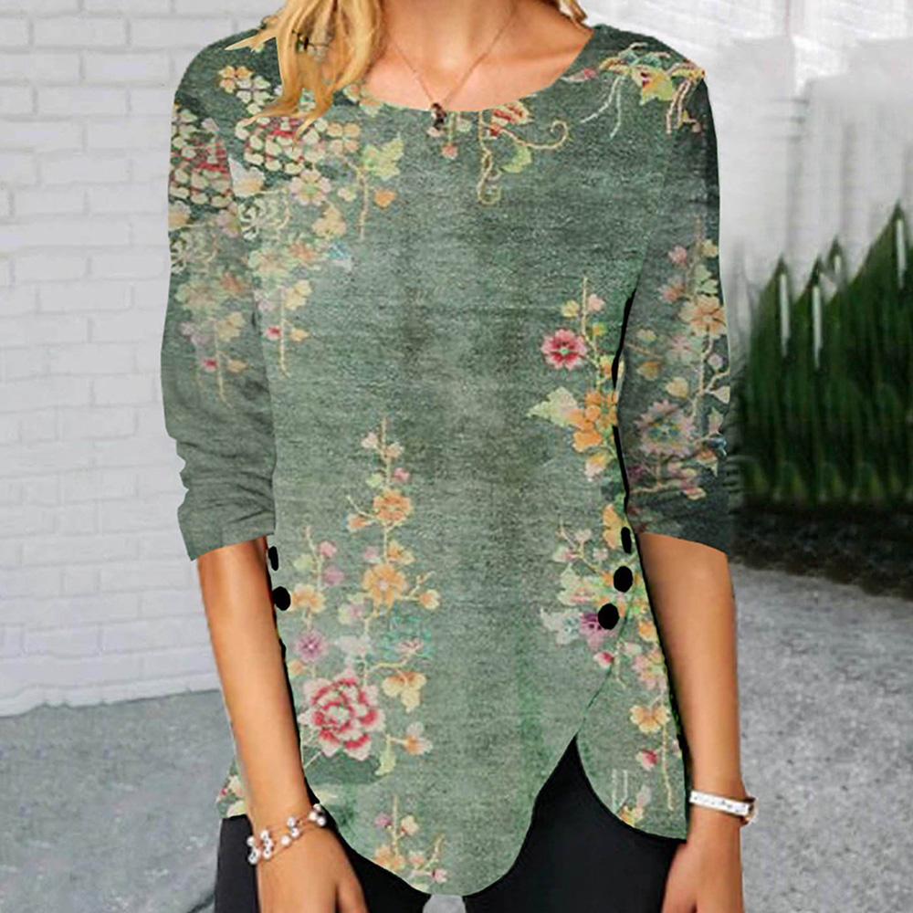 Round Neck Floral Mid-Length Three-Quarter Sleeve Slim Women's T-Shirt