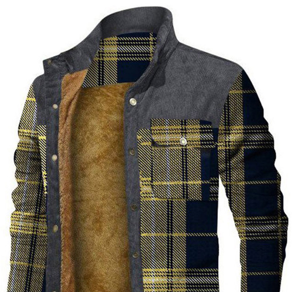 Lapel Pocket Plaid Fleece Casual Men's Jacket