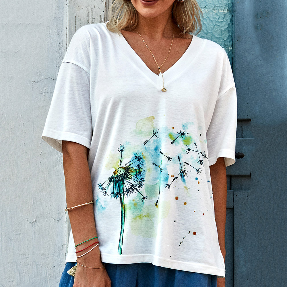 Floral V-Neck Half Sleeve Standard Slim Women's T-Shirt