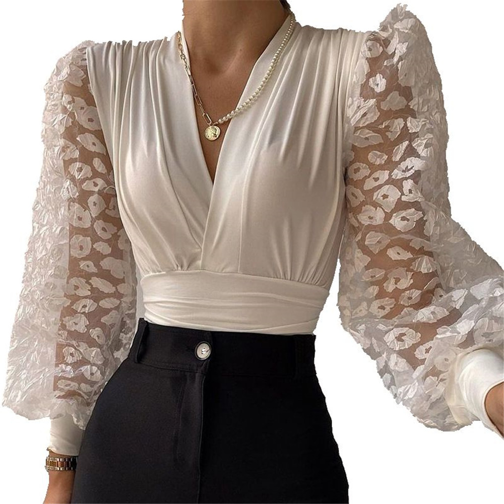 See-Through V-Neck Floral Long Sleeve Women's Blouse