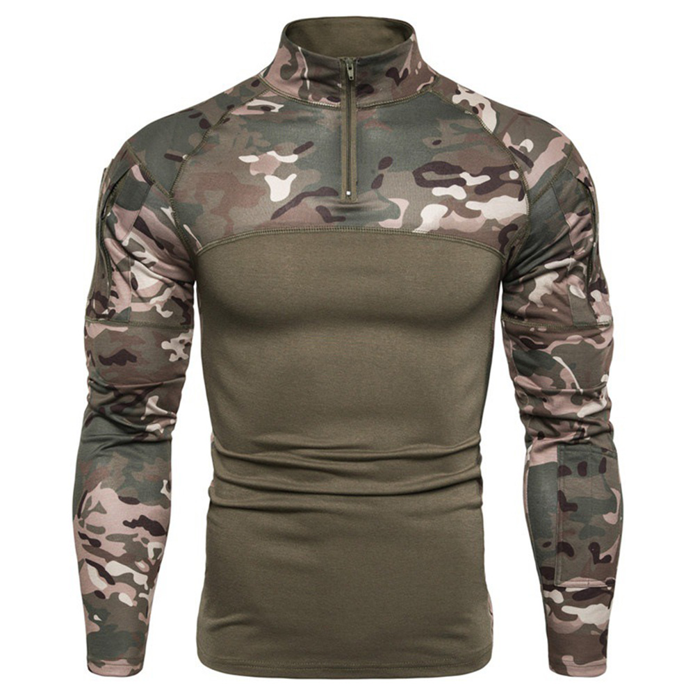 Patchwork Stand Collar Camouflage Casual Long Sleeve Men's T-shirt - Men's Tactical Clothing