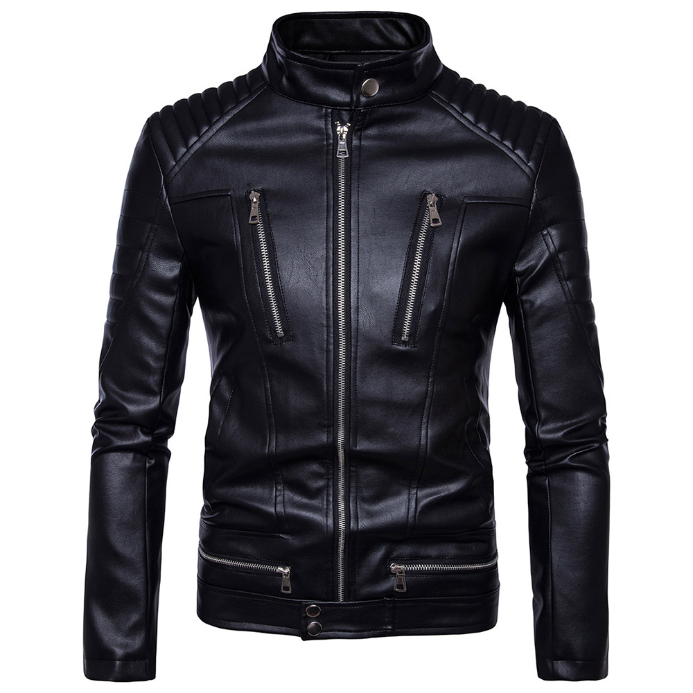 Standard Plain Stand Collar Zipper Men's Leather Jacket