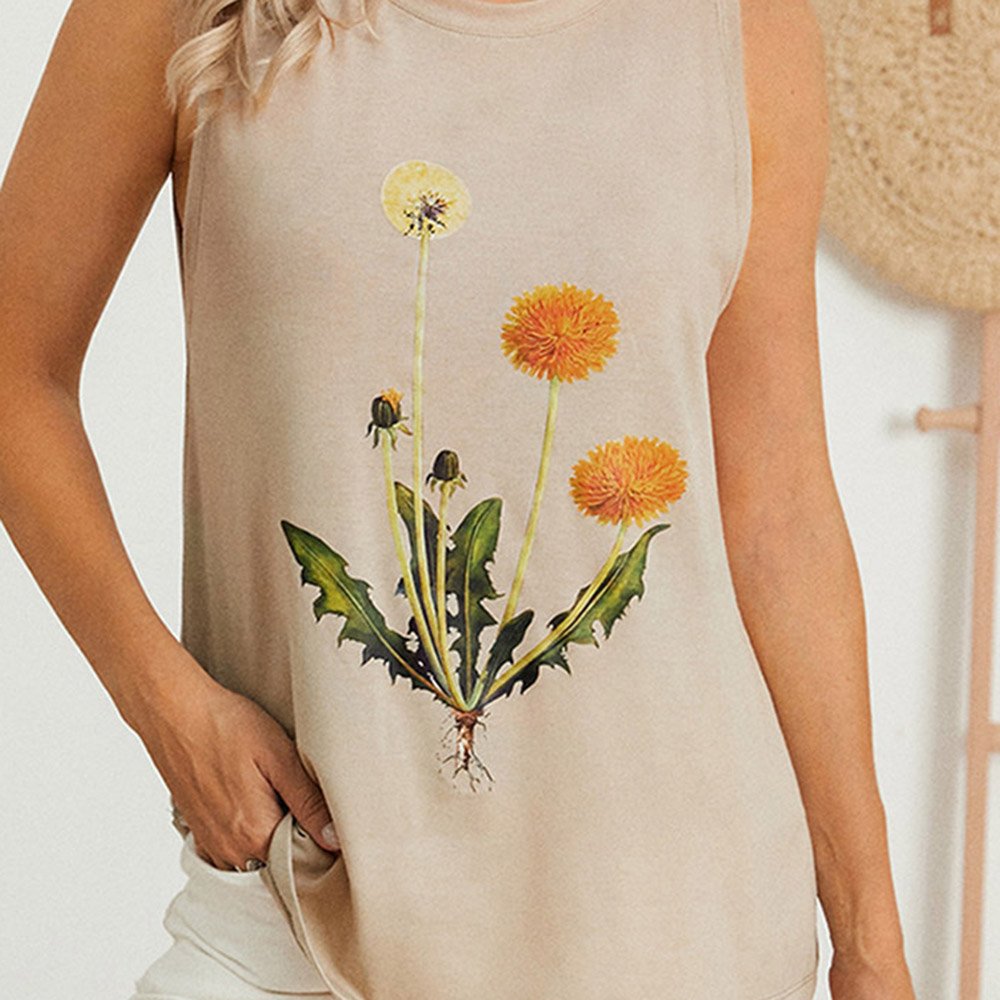 Sleeveless Mid-Length Floral Round Neck Casual Women's T-Shirt