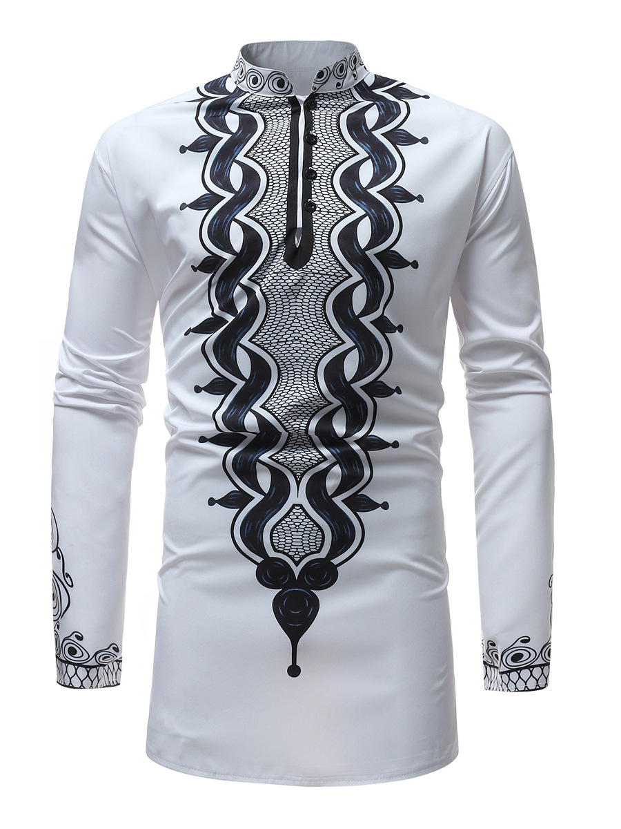 Stand Collar African Ethnic Style Print Color Block Loose Men's Shirt