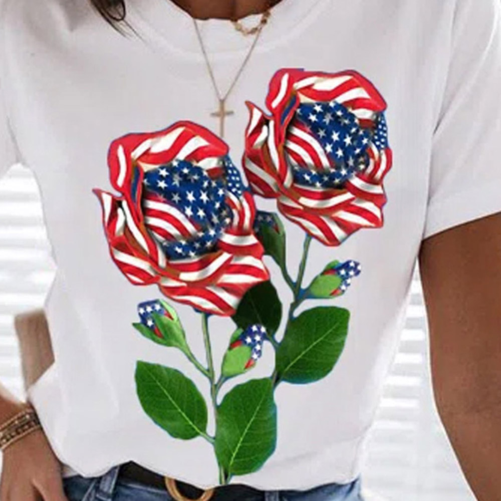 American Flag Rose Print Short Sleeve Round Neck Tops Female Pullover Tees | Casual Women's T-Shirt