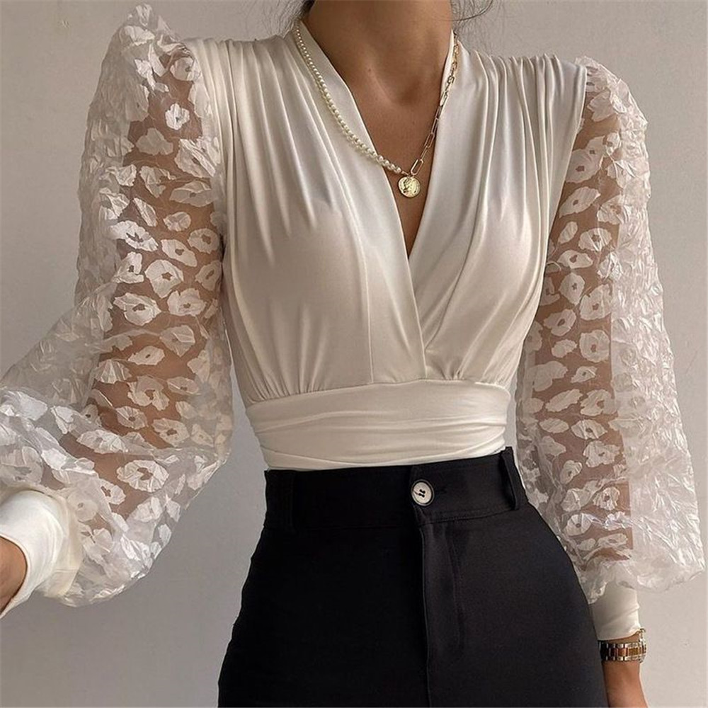 See-Through V-Neck Floral Long Sleeve Women's Blouse
