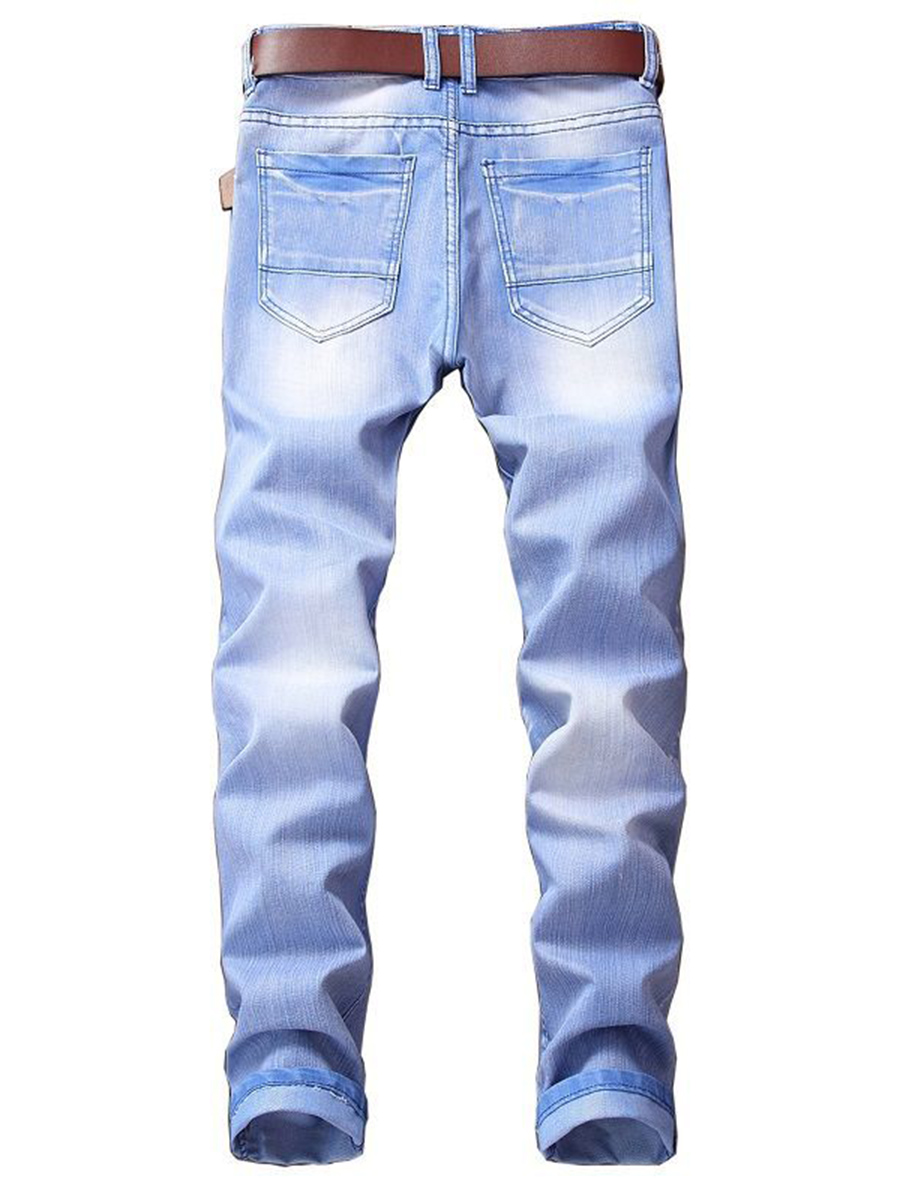 Hole Straight Color Block Mid Waist Men's Jeans