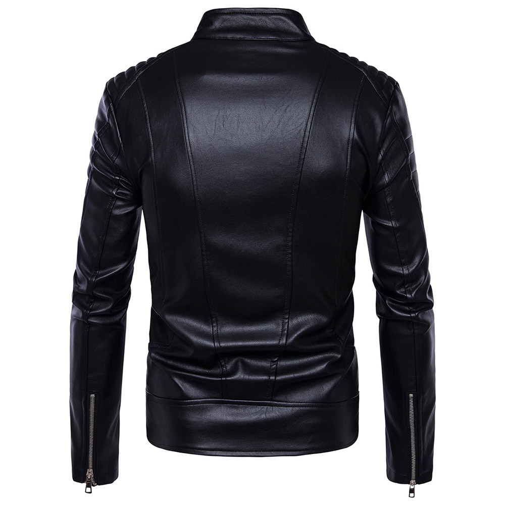 Standard Plain Stand Collar Zipper Men's Leather Jacket