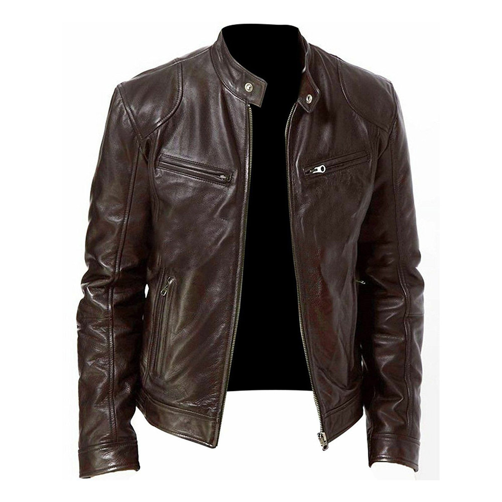 Plain Standard Stand Collar Slim Men's Leather Jacket