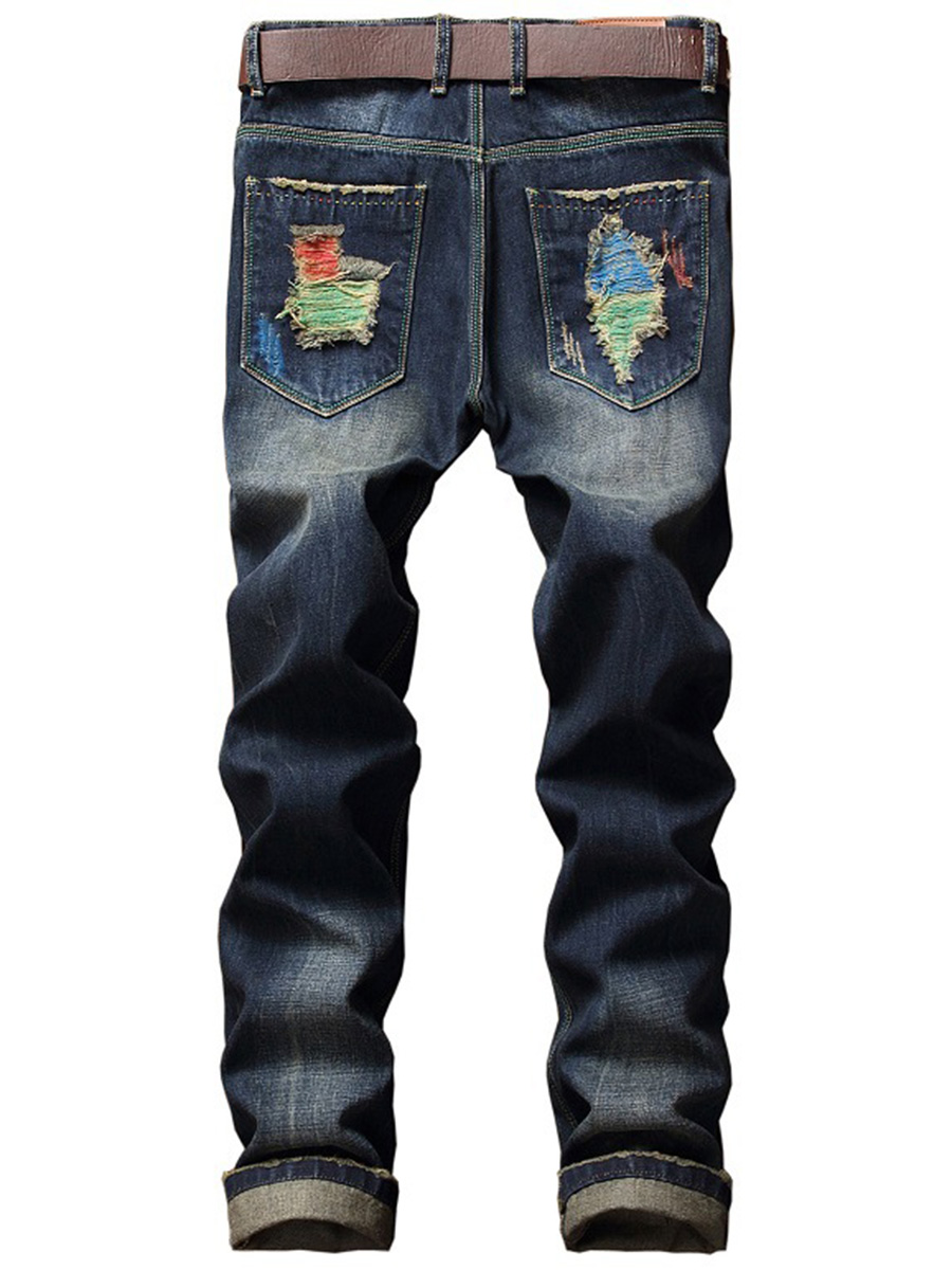 Plain Straight Worn Mid Waist Men's Jeans