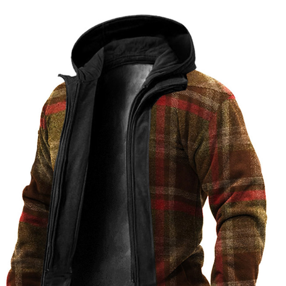 Hooded Print Plaid Casual Men's Jacket