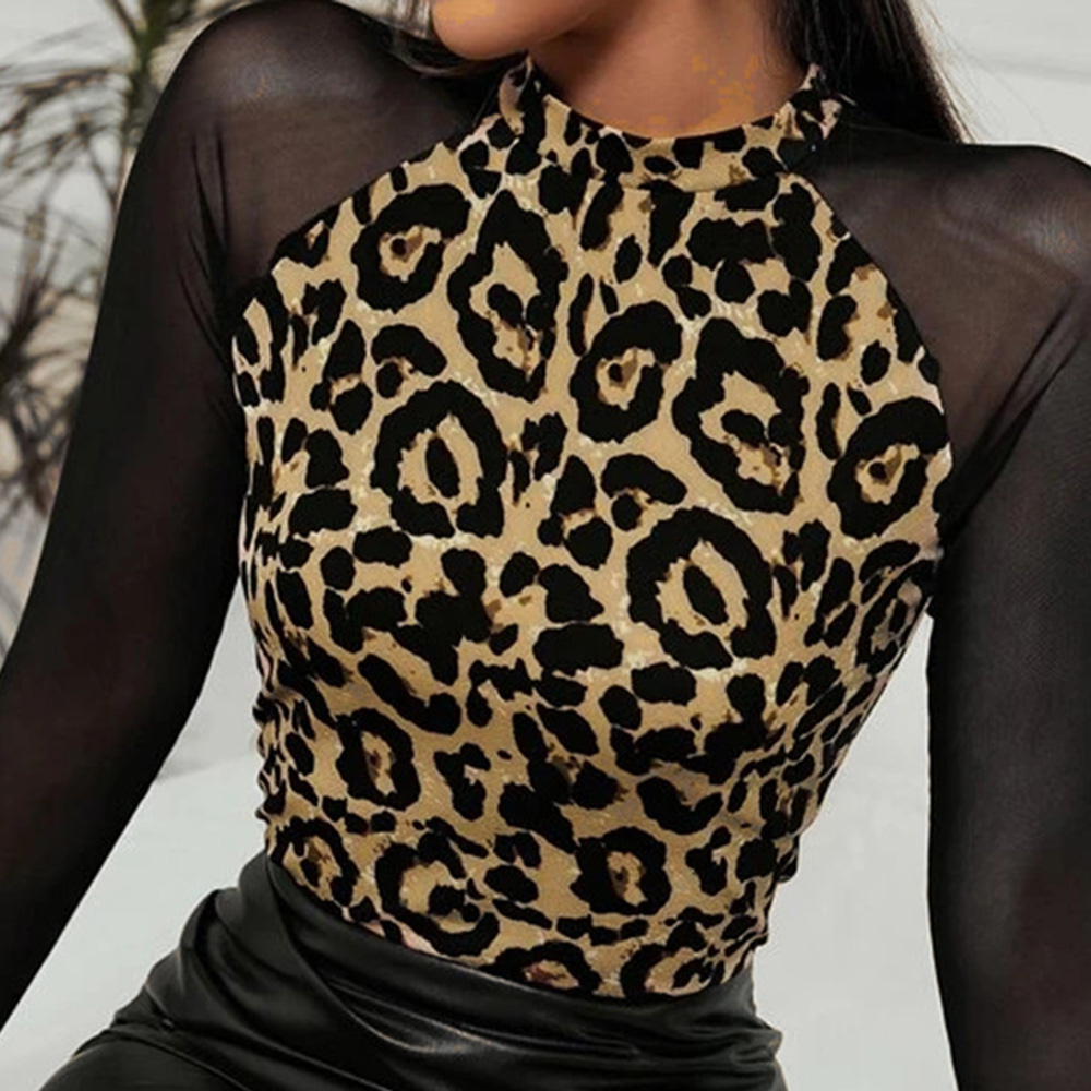 Standard Stand Collar Leopard Long Sleeve Fall Women's T-Shirt