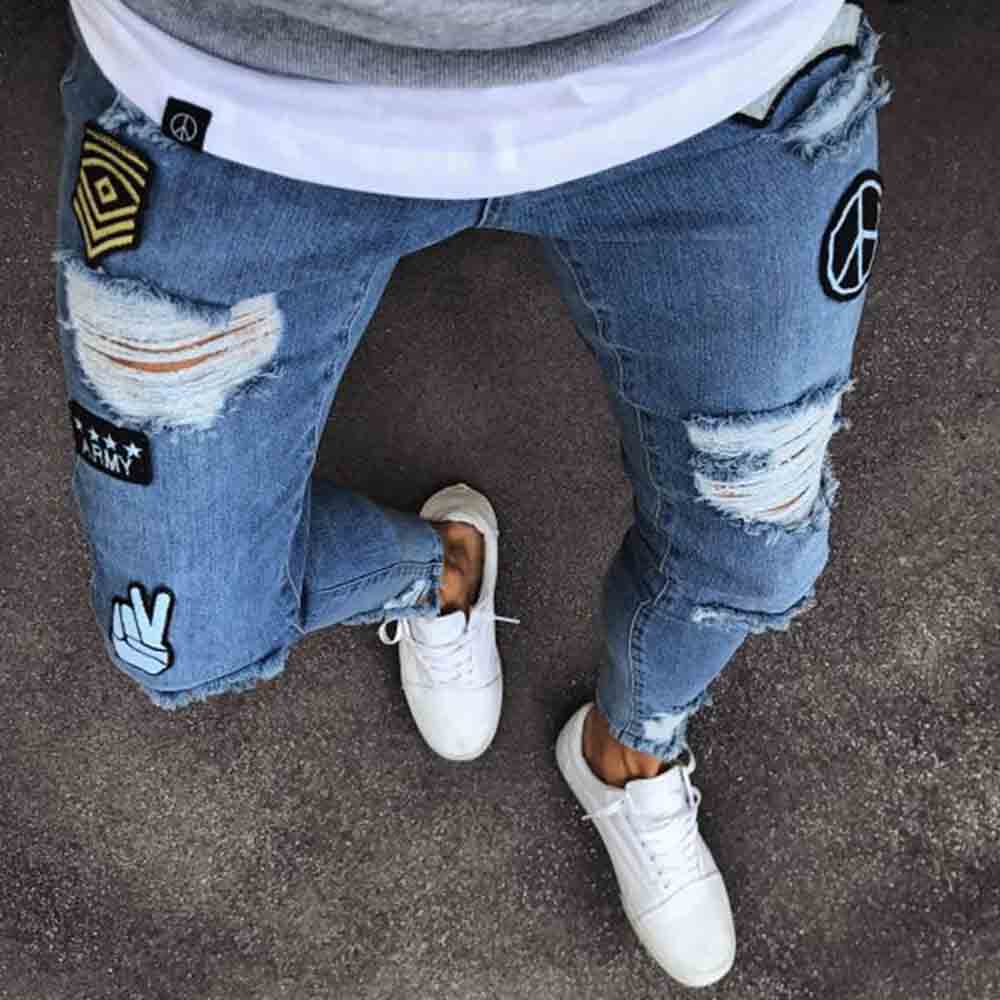 Hole Color Block Pencil Pants Zipper Men's Jeans