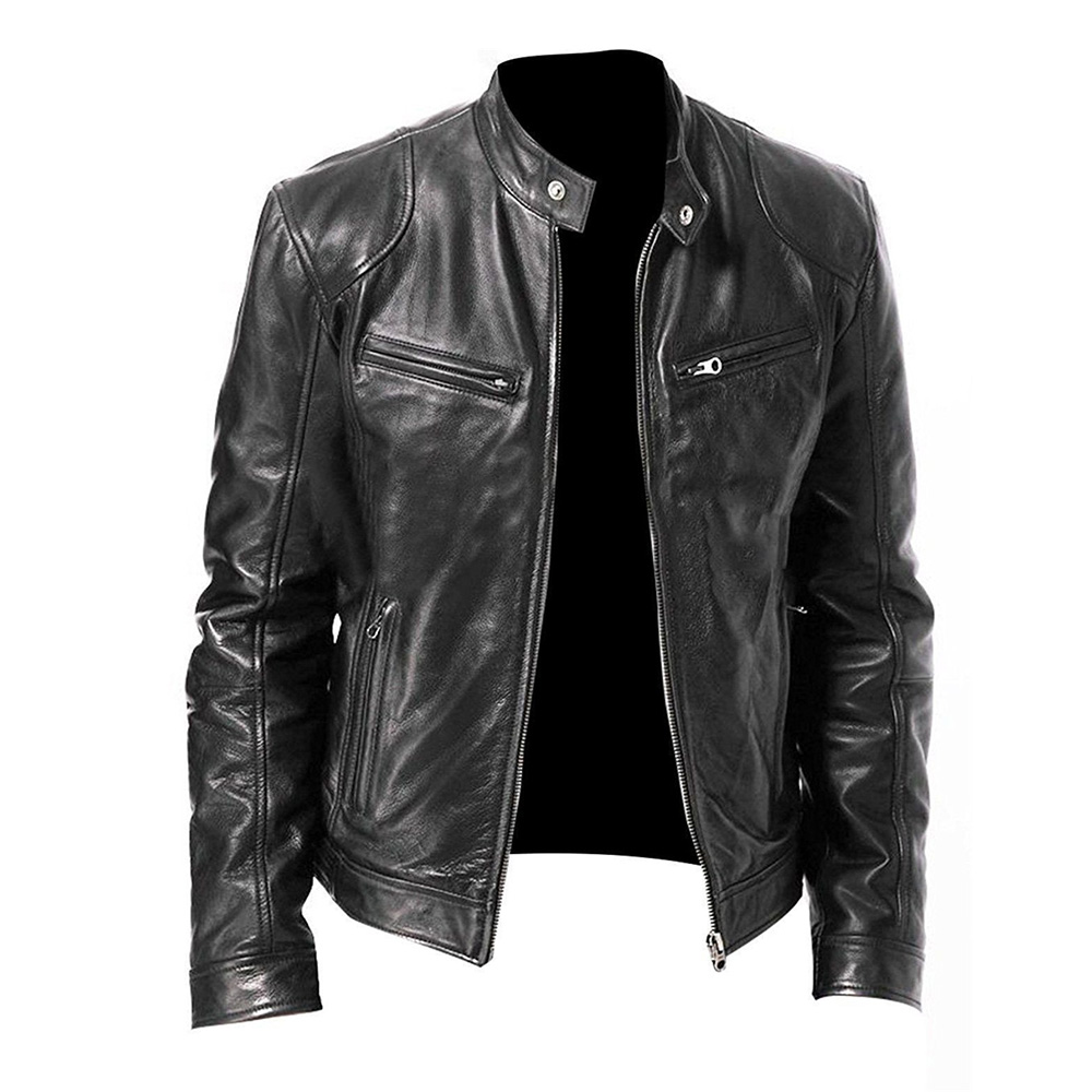 Plain Standard Stand Collar Casual Men's Leather Jacket
