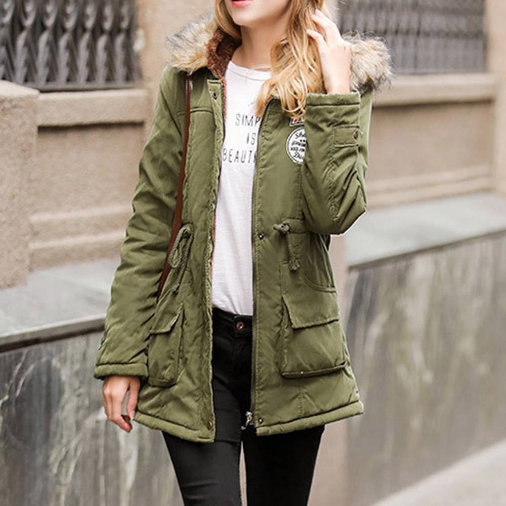 Pocket Thick Slim Zipper Mid-Length Women's Cotton Padded Jacket