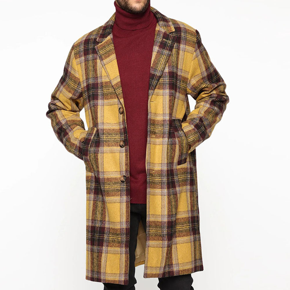 Plaid Lapel Mid-Length Single-Breasted Men's Coat
