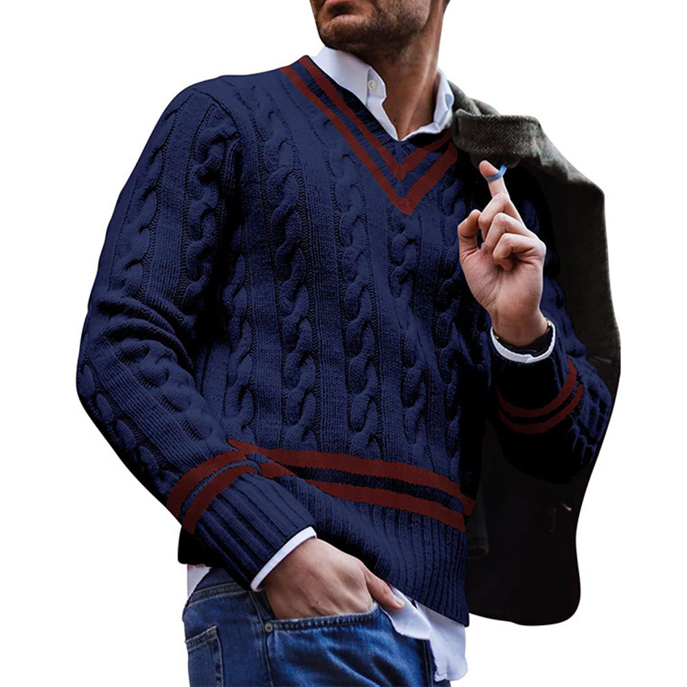 Patchwork V-Neck Standard Color Block Straight Men's Sweater