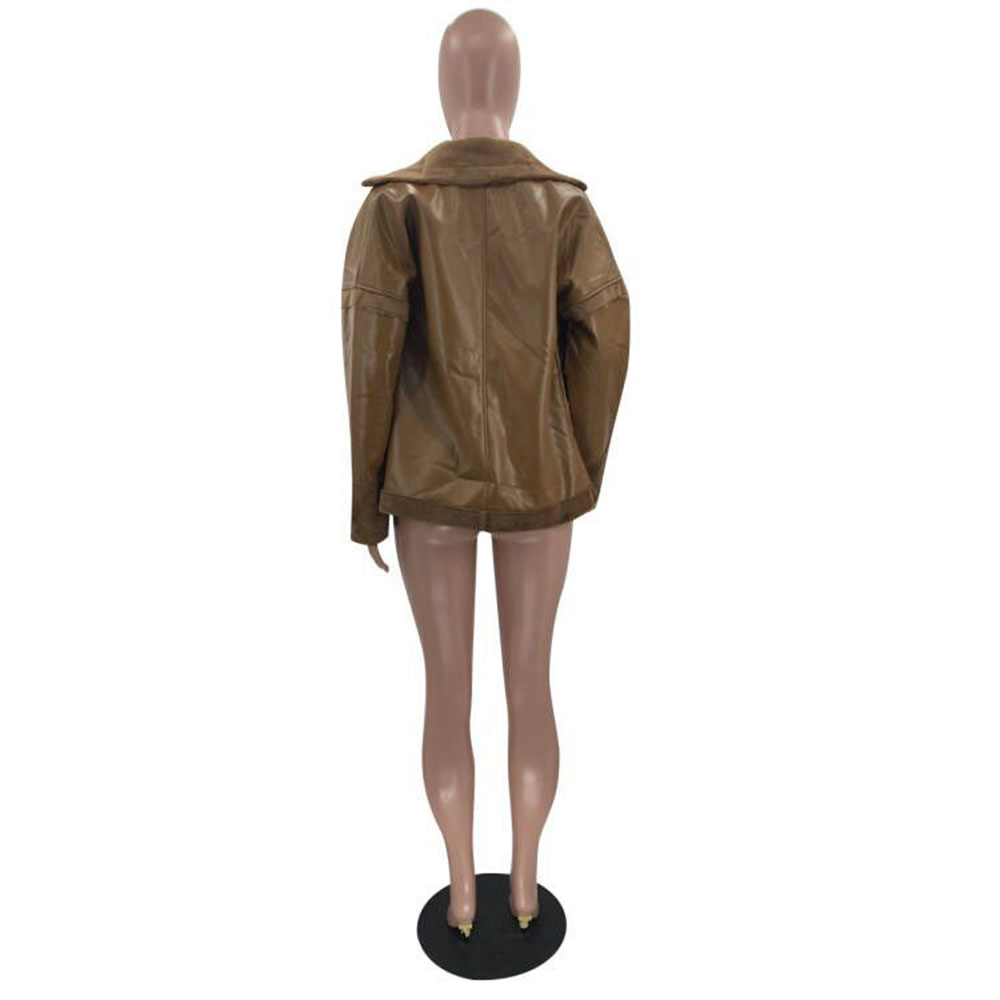 PU Zipper Straight Mid-Length Fall Women's PU Jacket