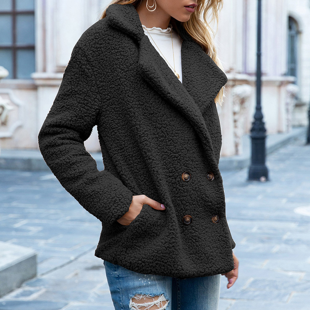 Loose Double-Breasted Fleece Long Sleeve Lapel Women's Jacket