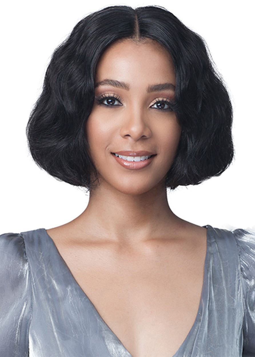 Women Middle Part Bob Wigs Lace Front Cap Wavy Human Hair 120% 12 Inches Wigs