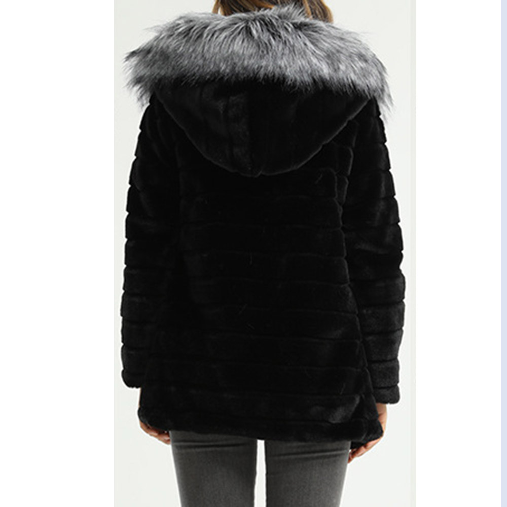 Stripe Hooded Mid-Length Regular Straight Women's Faux Fur Overcoat
