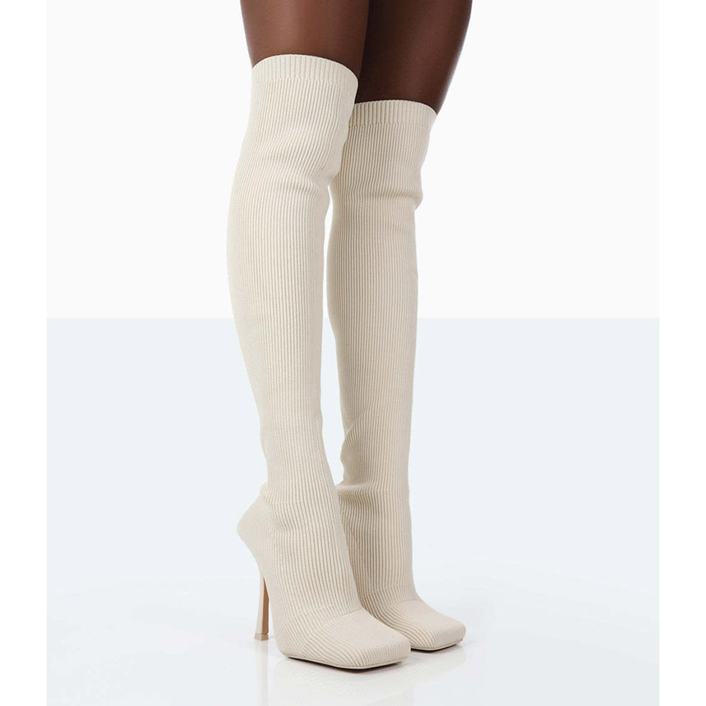 Slip-On Plain Square Toe Stiletto Heel Cotton Boots