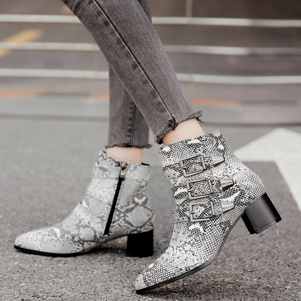 Side Zipper Pointed Toe Chunky Heel Buckle Boots