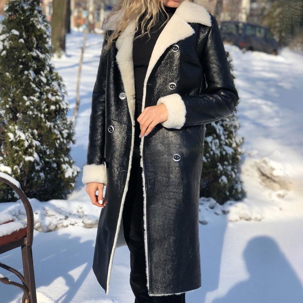Double-Breasted Long Slim Winter Women's PU Jacket