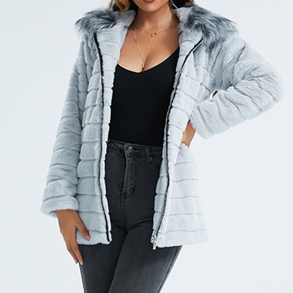 Stripe Hooded Mid-Length Regular Straight Women's Faux Fur Overcoat