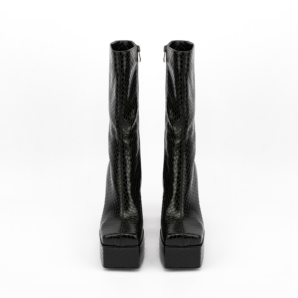 Plain Square Toe Side Zipper Horse-Shoe Heel Serpentine Boots
