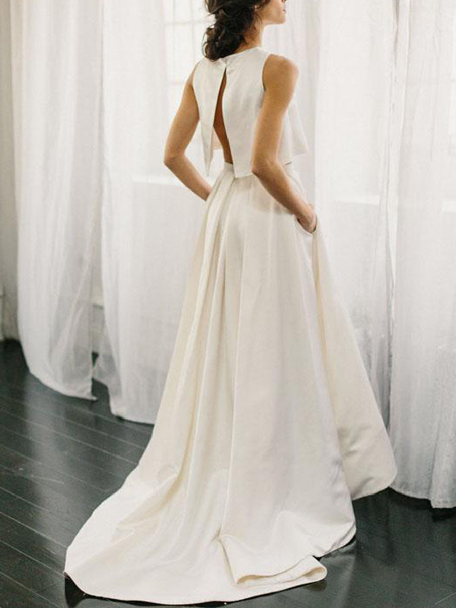 Two Pieces Asymmetry A-Line Sleeveless Court Beach Wedding Dress