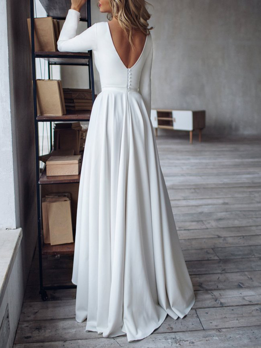 Bateau Asymmetry A-Line Long Sleeves Beach Wedding Dress